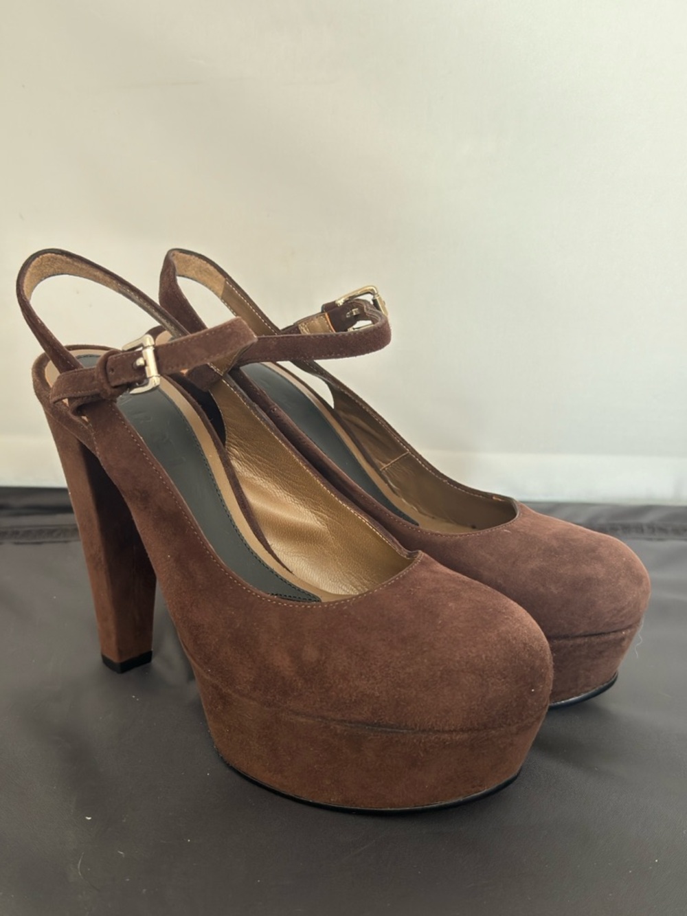 Marni Choc Brown Suede Platform Mary Jane Heels shoes size 36.5